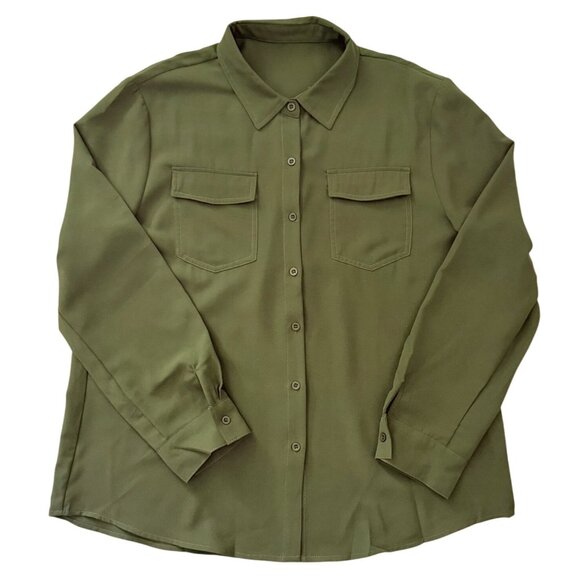 Olive Green Top Size Large Button Front Long Sleeve Blouse Fall Utility Neutral - Picture 3 of 10